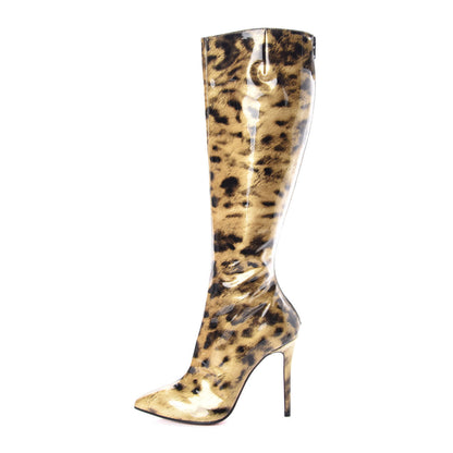 Christian Louboutin Patent 100 Leopard Tall Boots 37 Gold 1 of 8