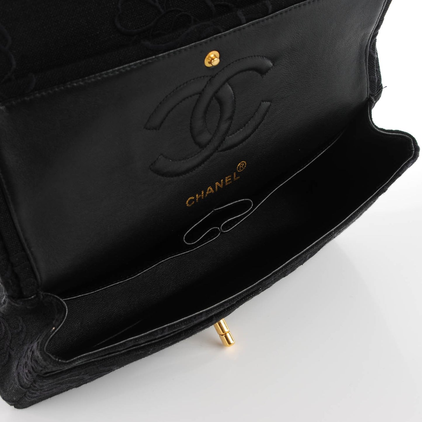 Canvas Camellia Embroidered Medium Double Flap Black