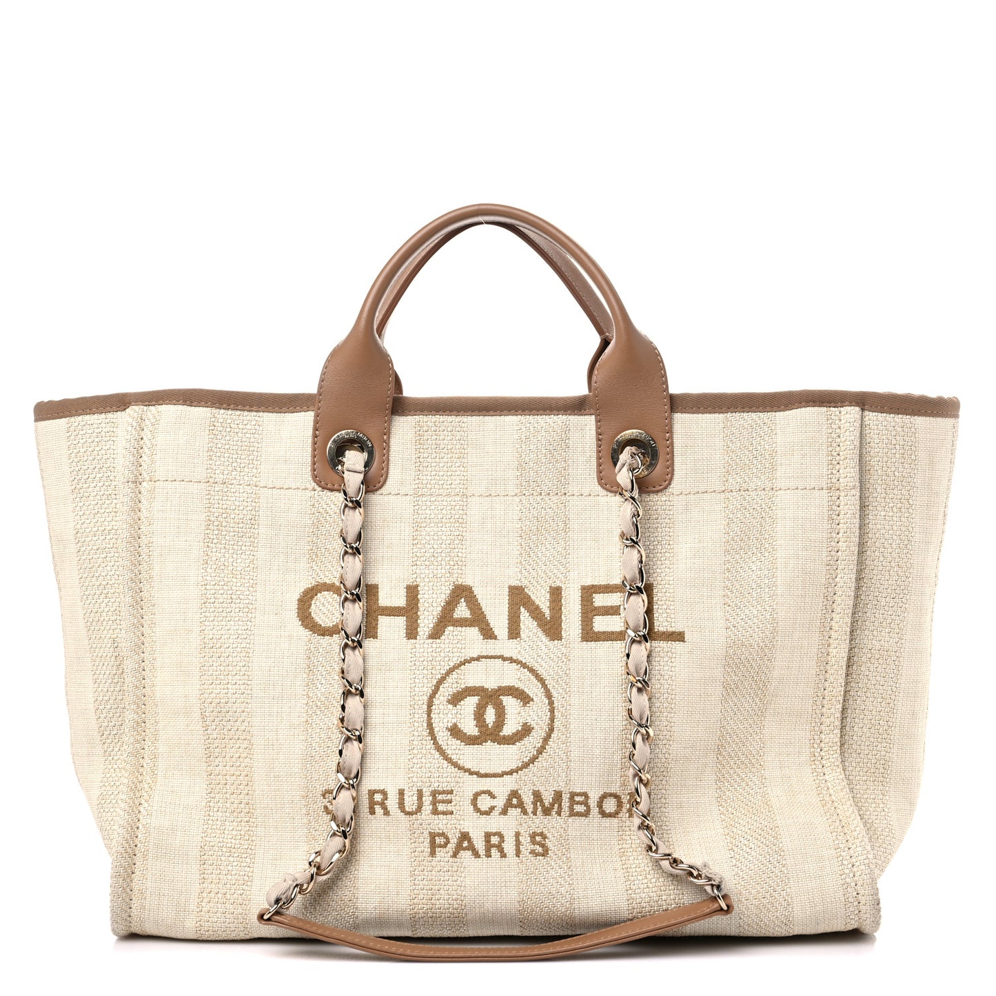 Straw Raffia Calfskin Striped Large Deauville Tote Beige