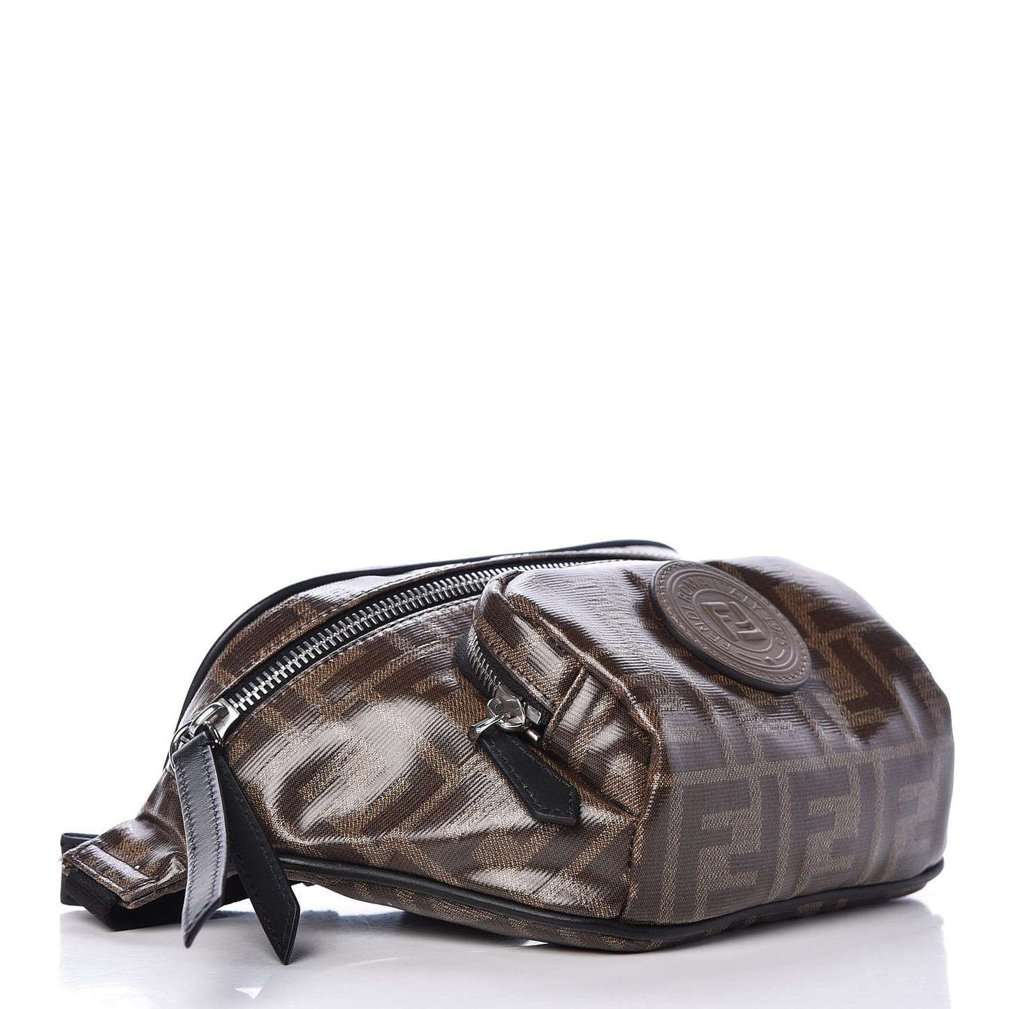 Glazed Fabric Vitello Century FF 1974 Stamp Patch Mens Pocket Belt Bag Mogano Panna Black