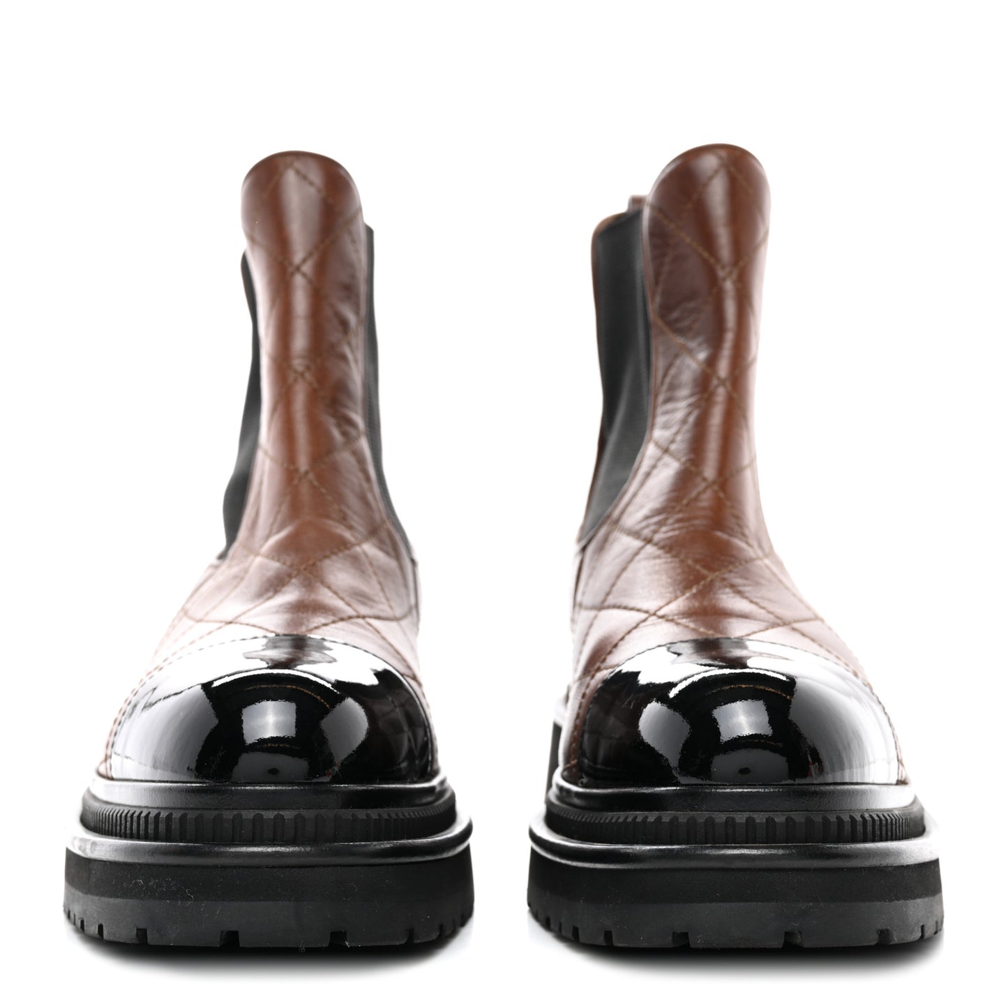 Calfskin Patent Cap Toe Quilted Short Boots 39 Brown Black