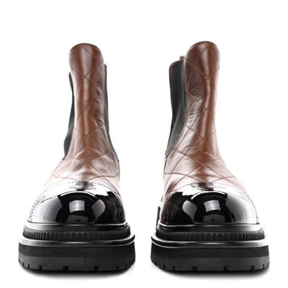 Chanel Calfskin Patent Cap Toe Quilted Short Boots 39 Brown Black 2 of 11