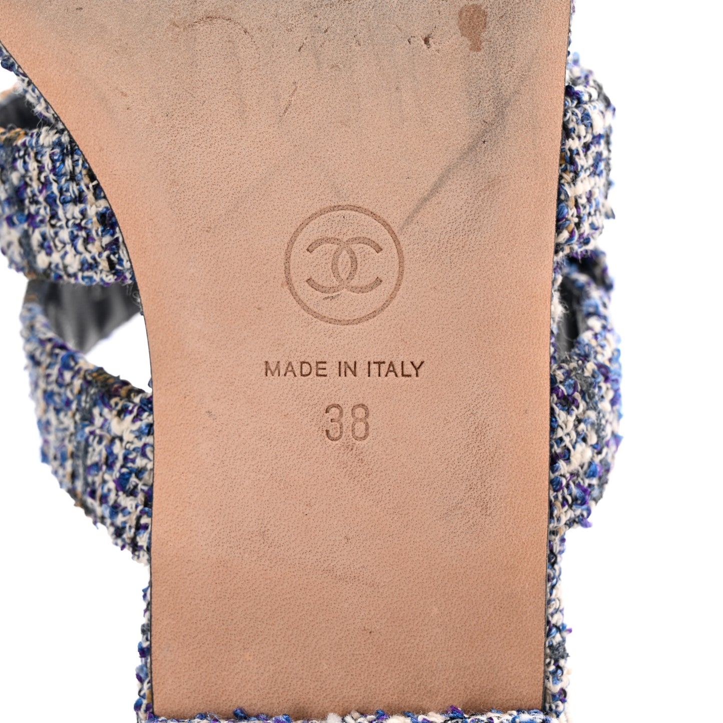 Tweed Lambskin CC Turnlock Mule Sandals 38 Blue Ecru Grey