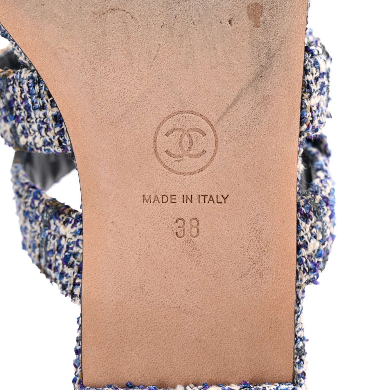 Chanel Tweed Lambskin CC Turnlock Mule Sandals 38 Blue Ecru Grey 6 of 14