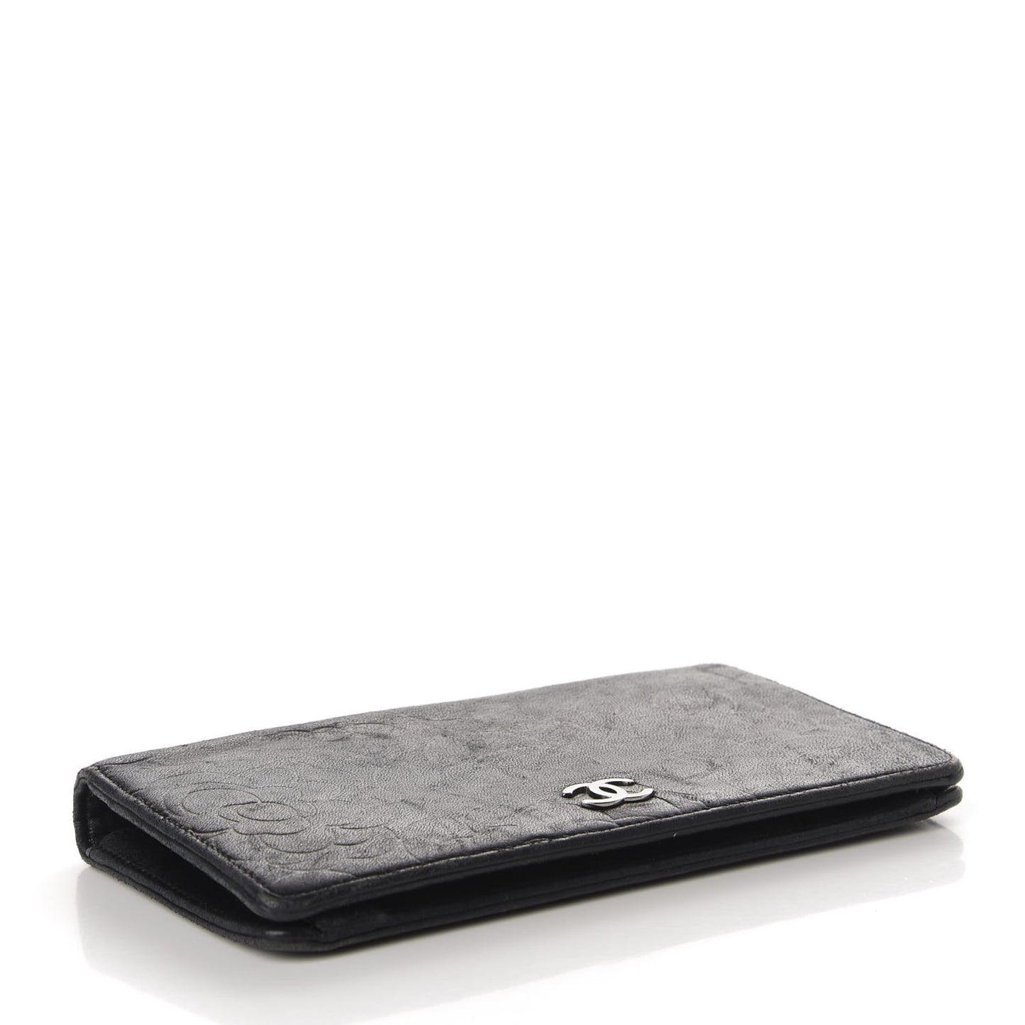 Lambskin Camellia Embossed Yen Wallet Black