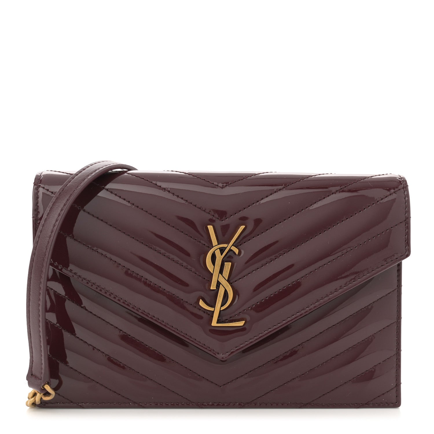 Saint Laurent Patent Calfskin Matelasse Chevron Monogram Envelope Chain Wallet Dark Red Wine 1 of 11