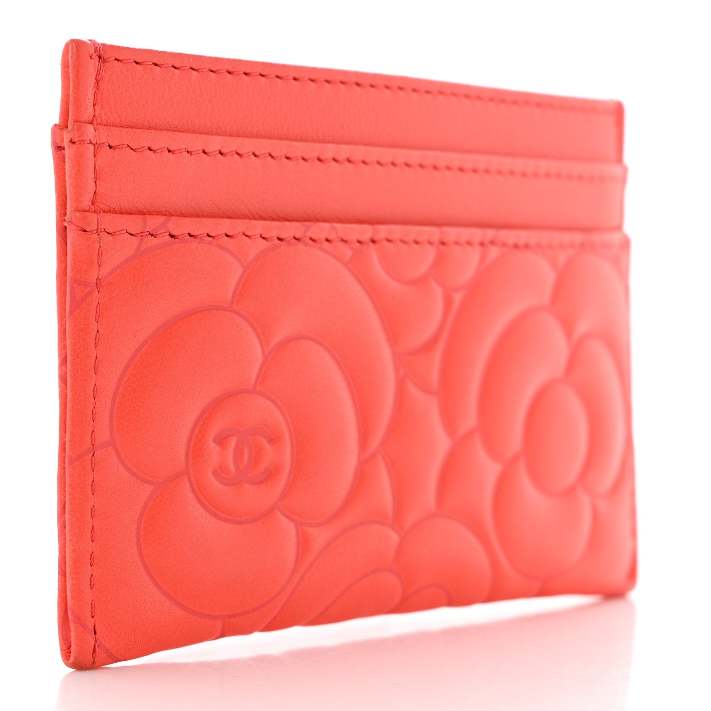 Lambskin Camellia Embossed Card Holder Red