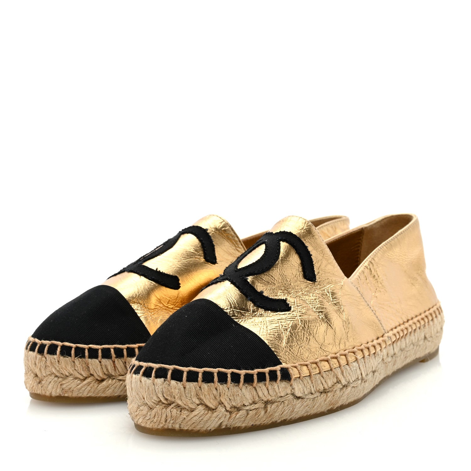 Chanel Laminated Lambskin Grosgrain CC Espadrilles 37 Gold Black 2 of 8