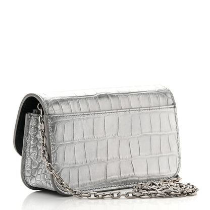 Balenciaga Metallic Extra Supple Calfskin Crocodile Embossed Gossip Wallet On Chain Silver 3 of 16