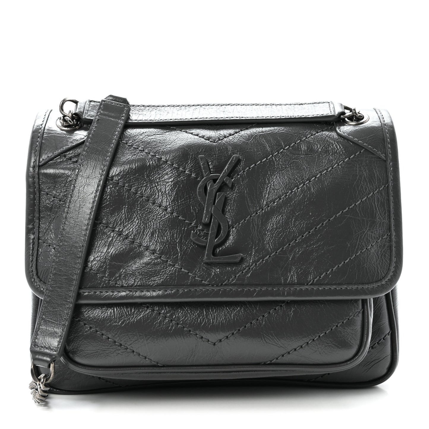 Crinkled Calfskin Matelasse Monogram Baby Niki Chain Satchel Storm