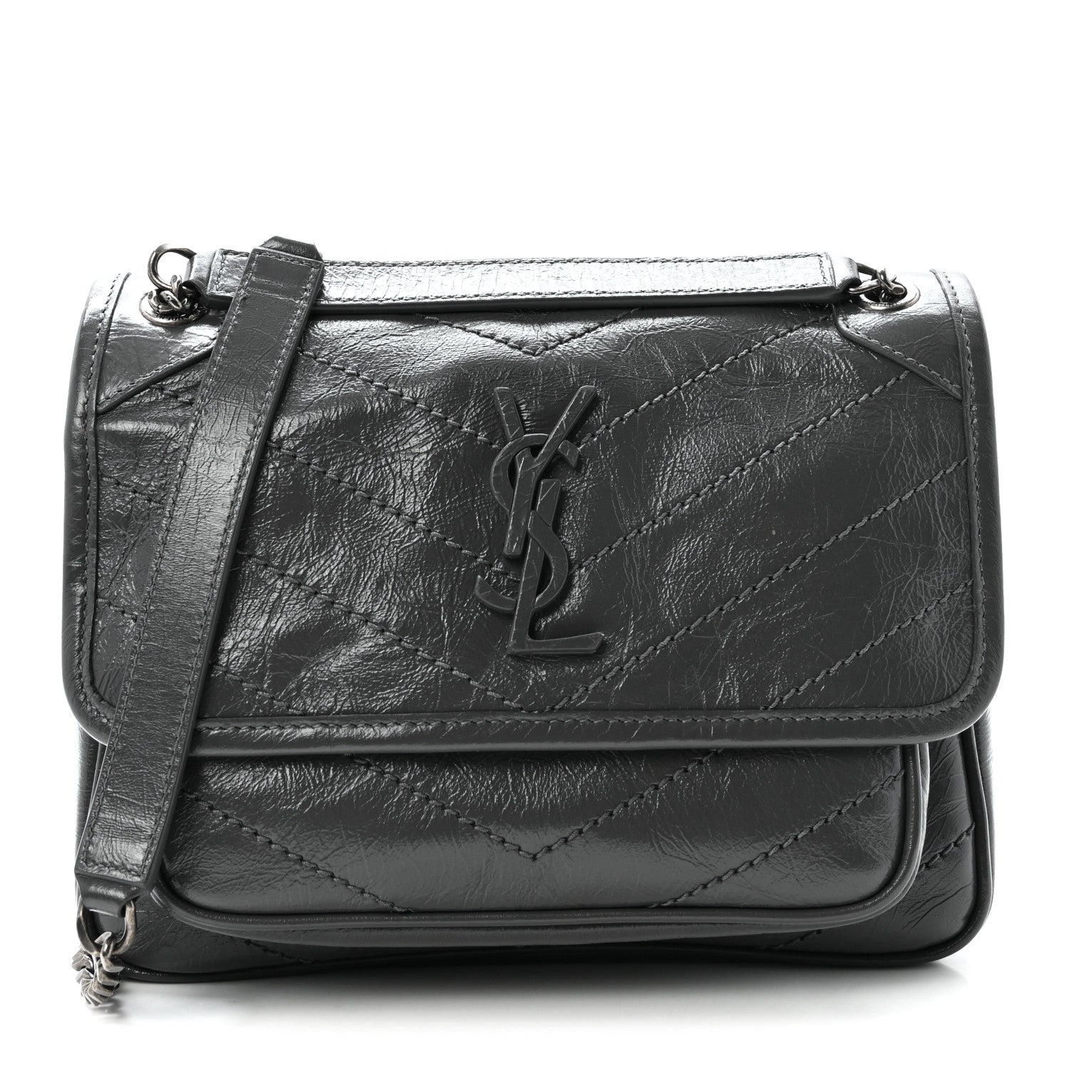 Saint Laurent Crinkled Calfskin Matelasse Monogram Baby Niki Chain Satchel Storm 1 of 9