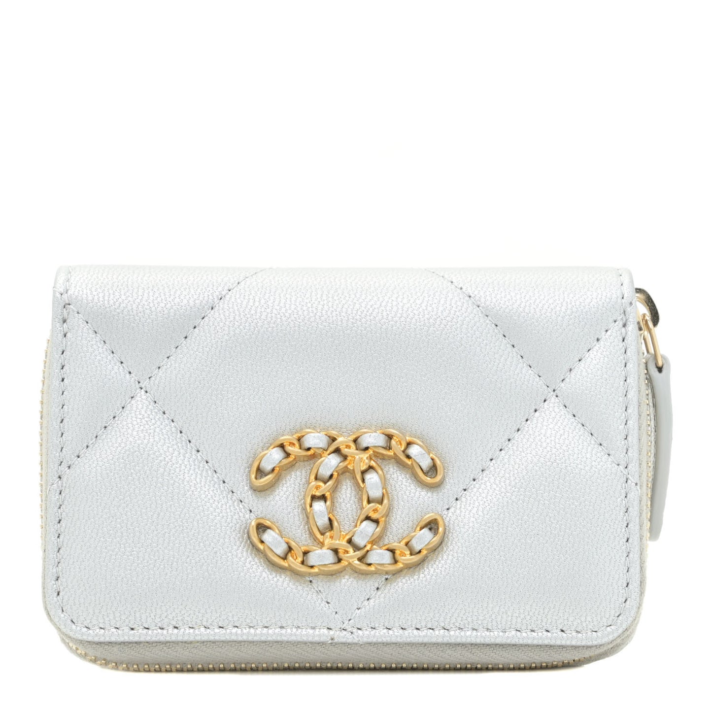 Metallic Lambskin Quilted 19 Zip Around Coin Purse Wallet Silver