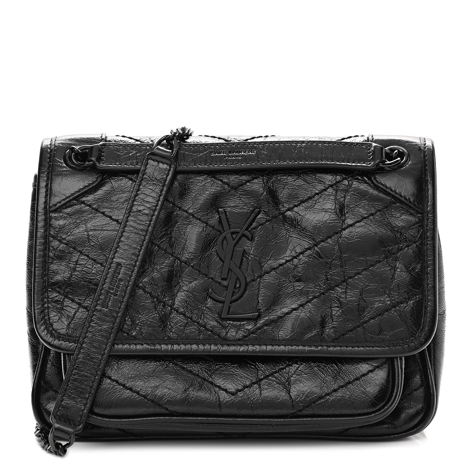 Saint Laurent Crinkled Calfskin Matelasse Monogram Baby Niki Chain Satchel Black 1 of 11