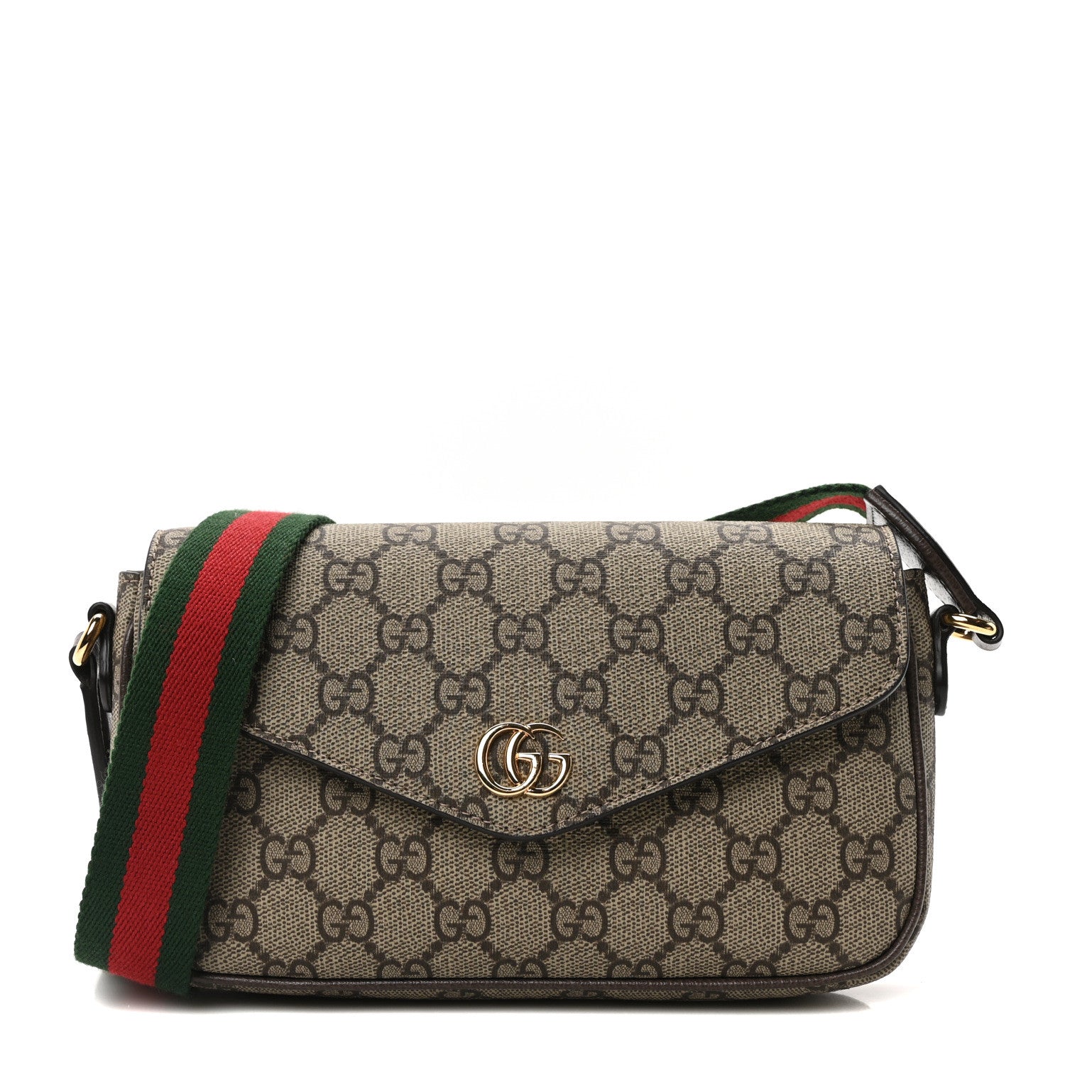 Gucci GG Supreme Monogram Textured Dollar Calfskin Web Mini Ophidia Envelope Shoulder Bag Beige Ebony New Acero 1 of 10