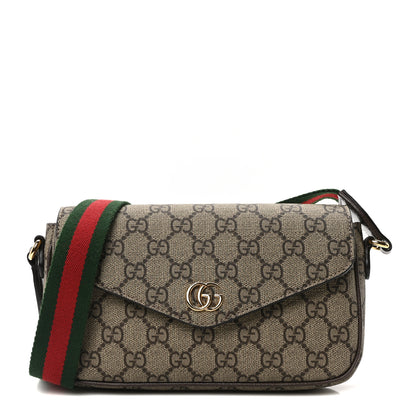 Gucci GG Supreme Monogram Textured Dollar Calfskin Web Mini Ophidia Envelope Shoulder Bag Beige Ebony New Acero 1 of 10