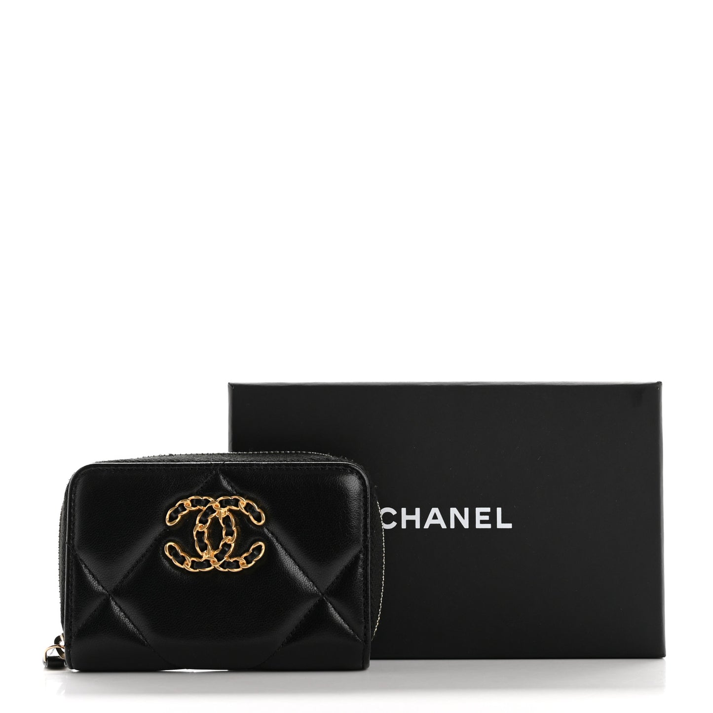 Lambskin Quilted Chanel 19 Zip Around Coin Purse Wallet Black