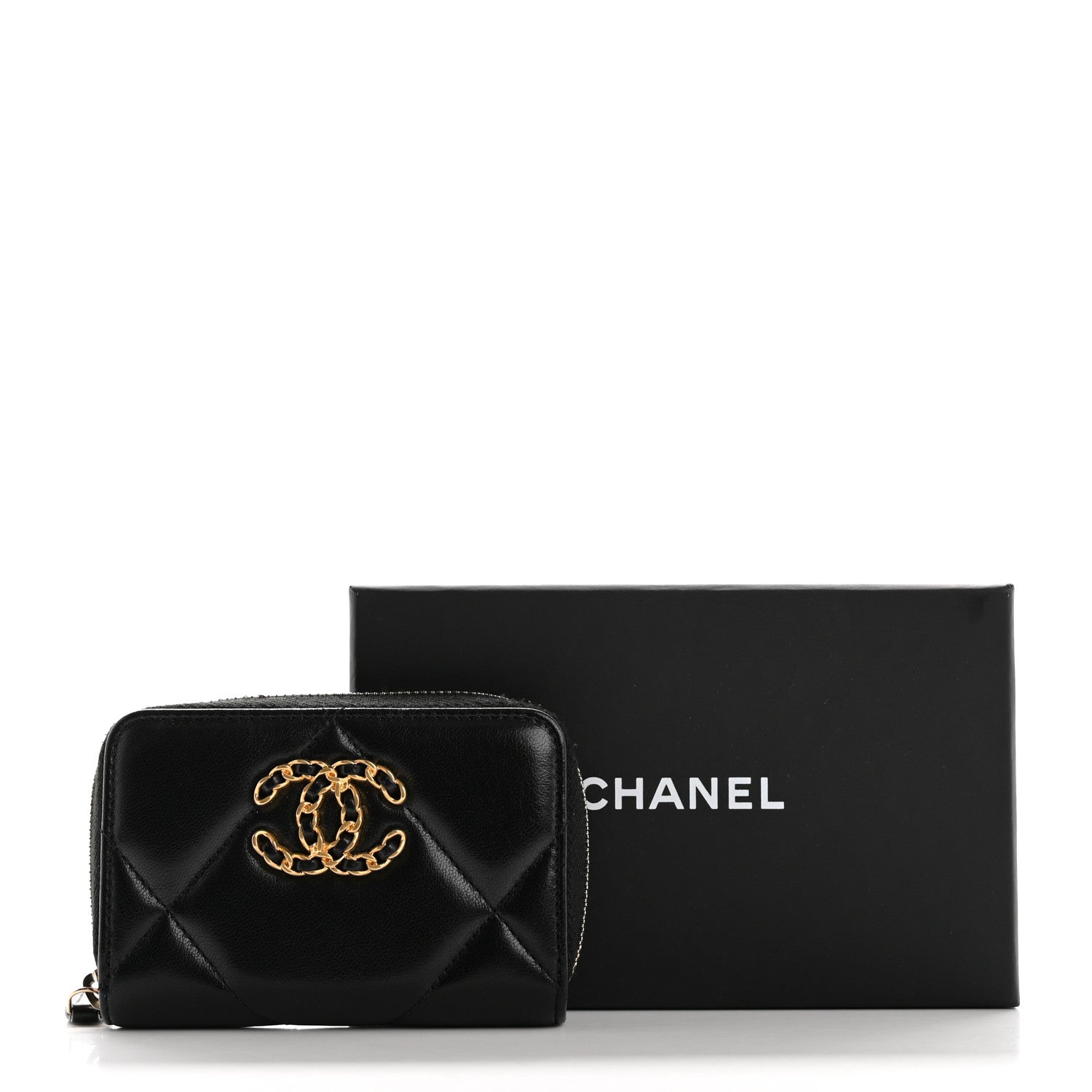 Chanel Lambskin Quilted Chanel 19 Zip Around Coin Purse Wallet Black 8 of 8