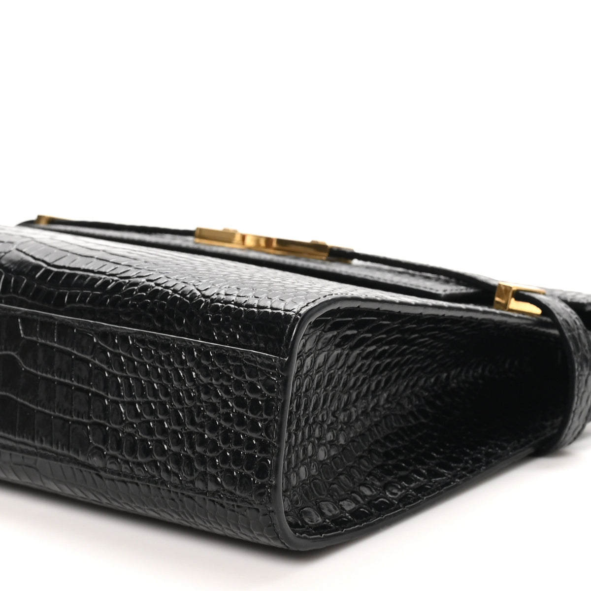 Shiny Calfskin Crocodile Embossed Manhattan Baguette Black