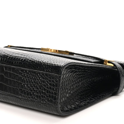 Saint Laurent Shiny Calfskin Crocodile Embossed Manhattan Baguette Black 9 of 9