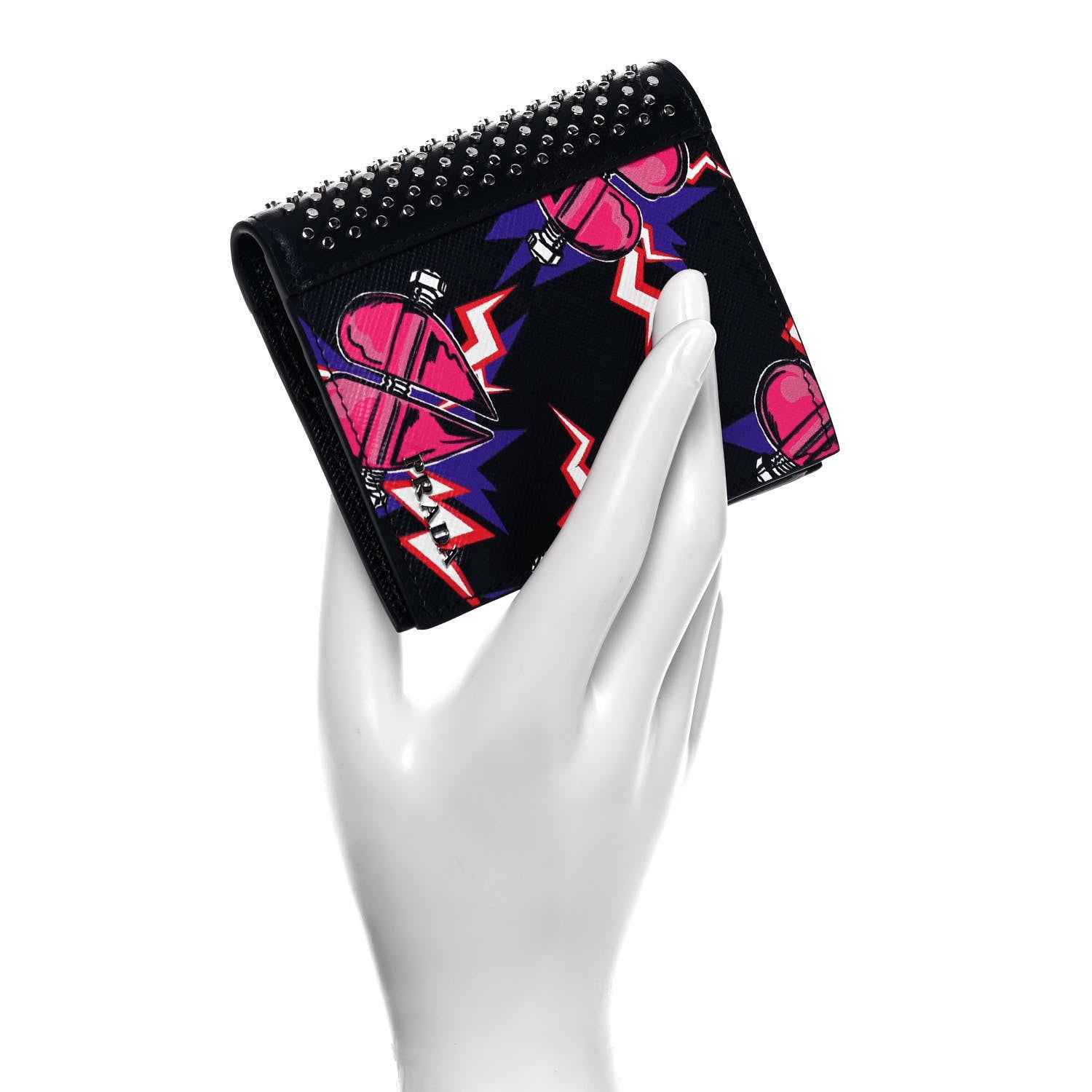 Prada X UNIVERSAL STUDIOS Saffiano Frankenstein Heart Studded Bi-Fold Wallet Fuxia 2 of 7