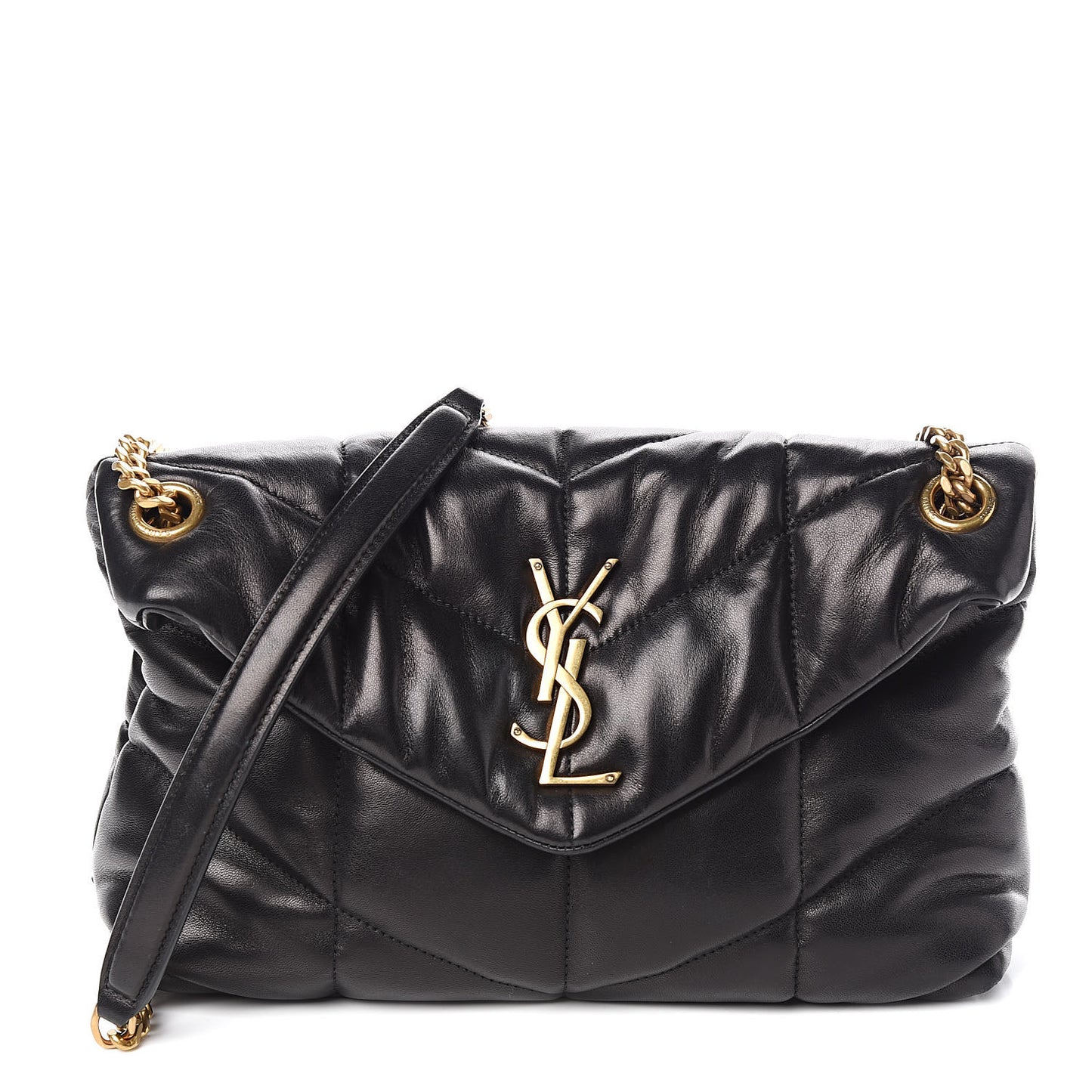 Lambskin Quilted Small Loulou Puffer Monogram Chain Satchel Black