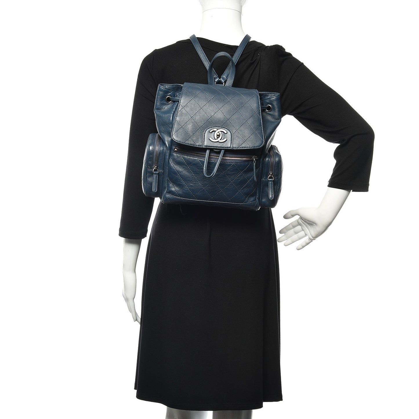 Grained Calfskin Stitched Pocket Backpack Dark Blue