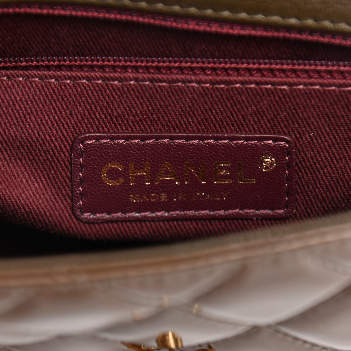 Patent Goatskin Quilted Small CC Eyelet Flap Khaki