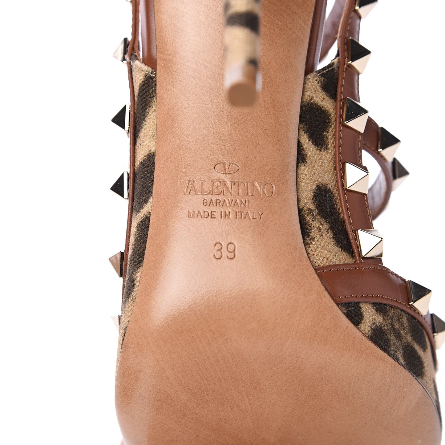 Canvas Leopard Print Rockstud Ankle Strap 100mm Pumps 39 Brown