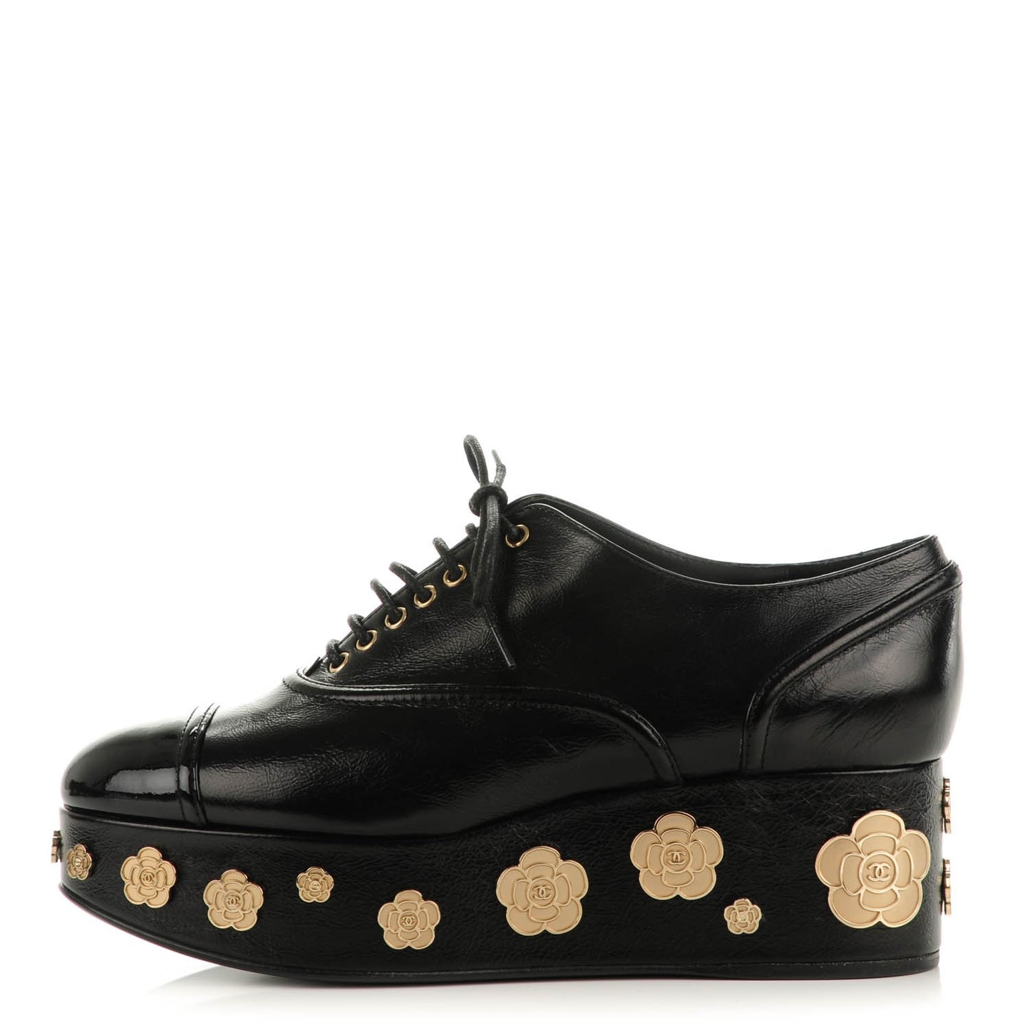 Crumpled Calfskin Lace Up Platform Oxford 38.5 Black
