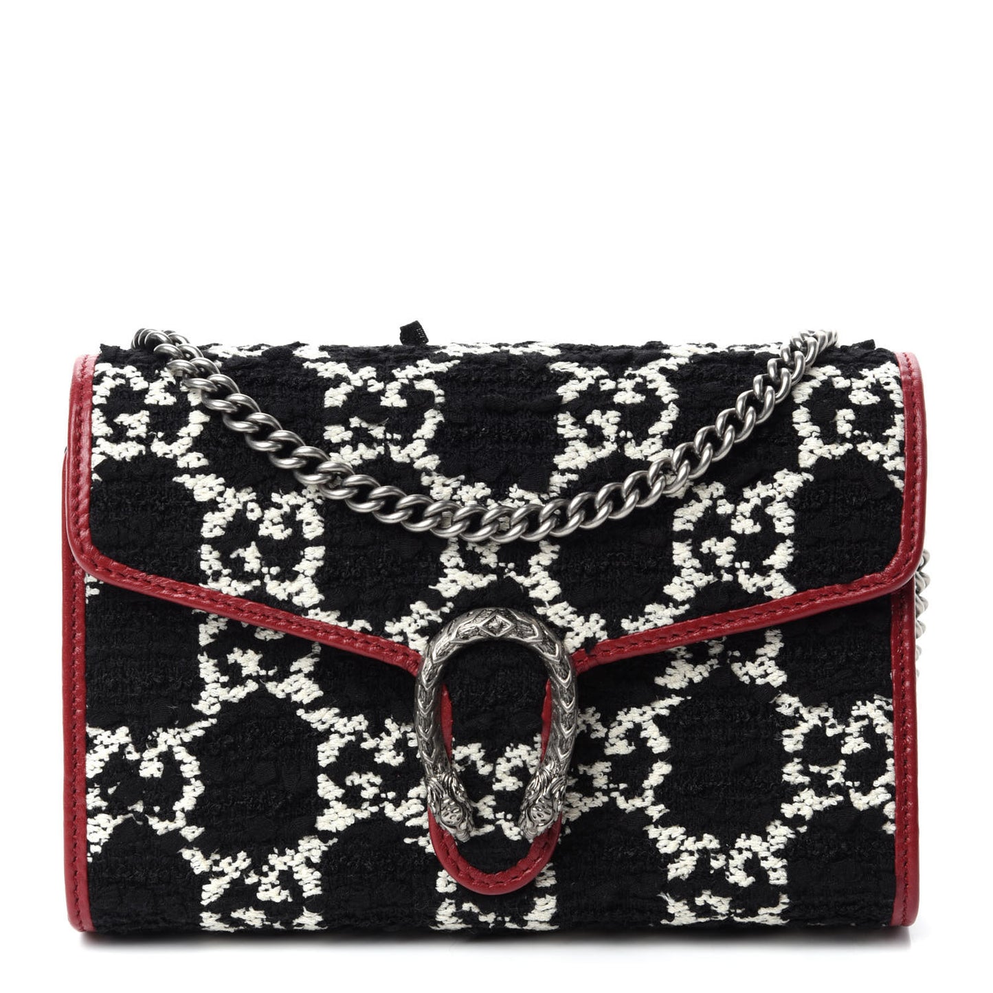 Tweed GG Monogram Mini Dionysus Chain Wallet Black White Romantic Cherry