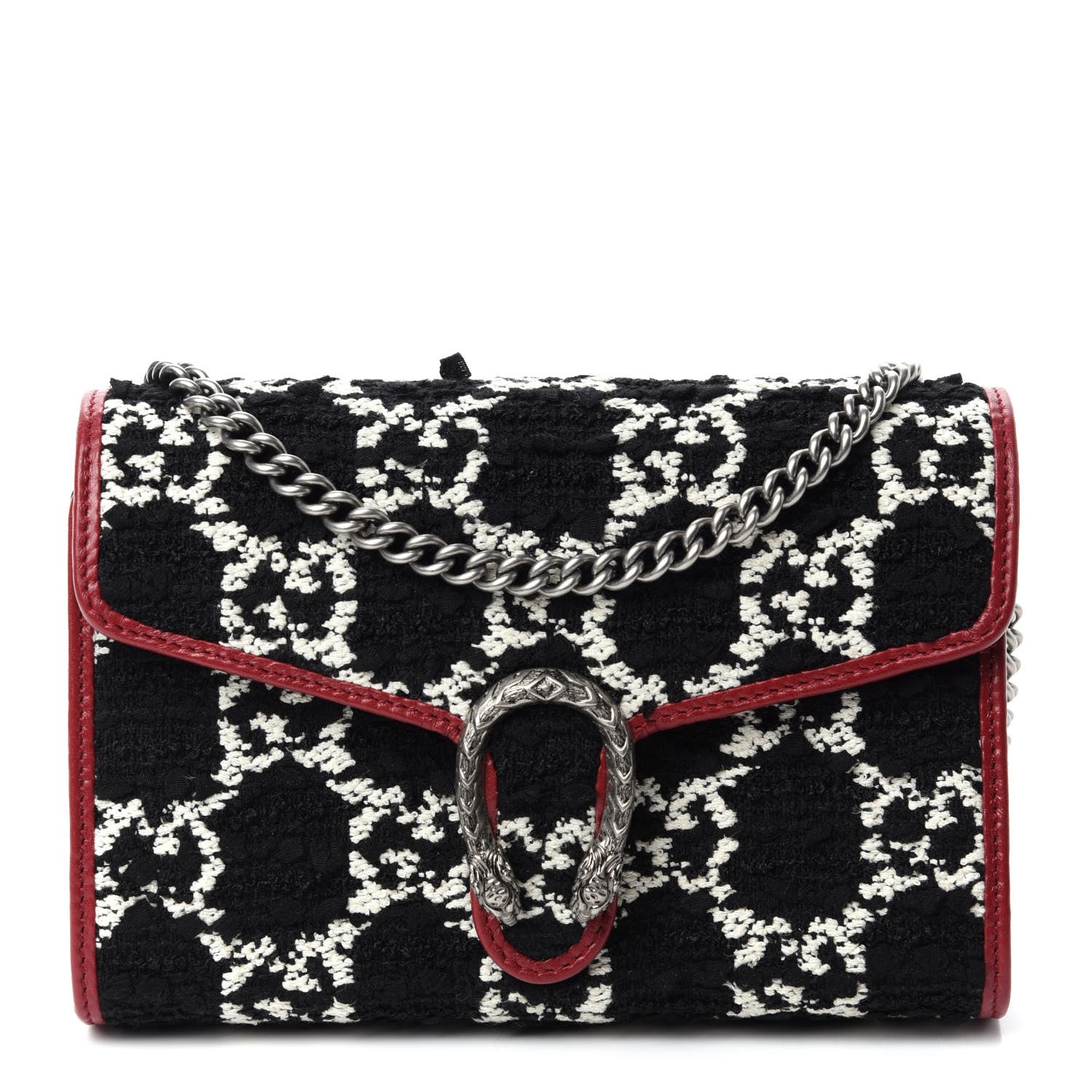 Gucci Tweed GG Monogram Mini Dionysus Chain Wallet Black White Romantic Cherry 1 of 11