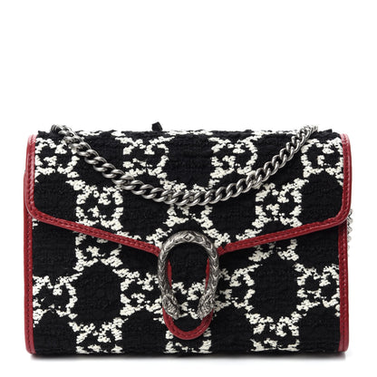 Gucci Tweed GG Monogram Mini Dionysus Chain Wallet Black White Romantic Cherry 1 of 11