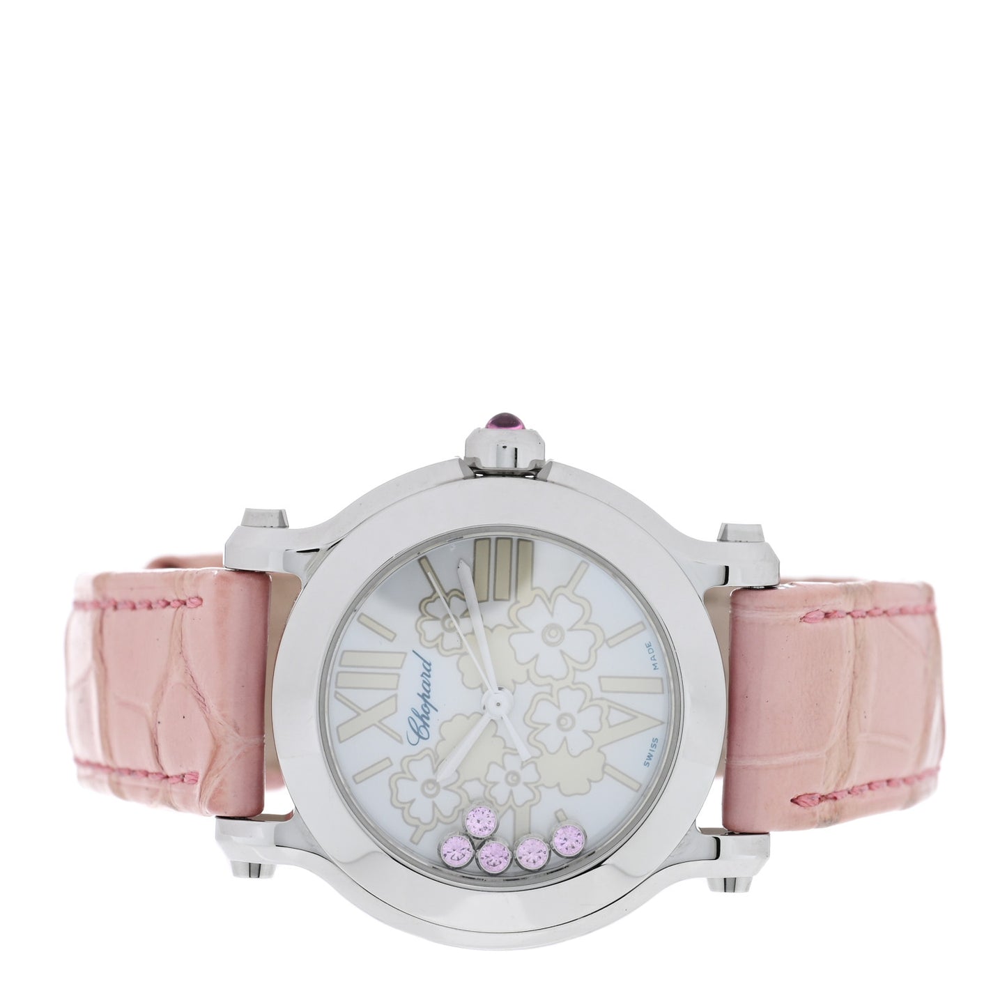 Stainless Steel Alligator Pink Sapphire Mother of Pearl 30mm Happy Sport Blossom Quartz Watch