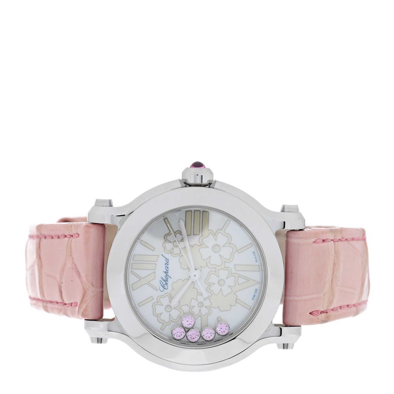 Chopard Stainless Steel Alligator Pink Sapphire Mother of Pearl 30mm Happy Sport Blossom Quartz Watch 2 of 5