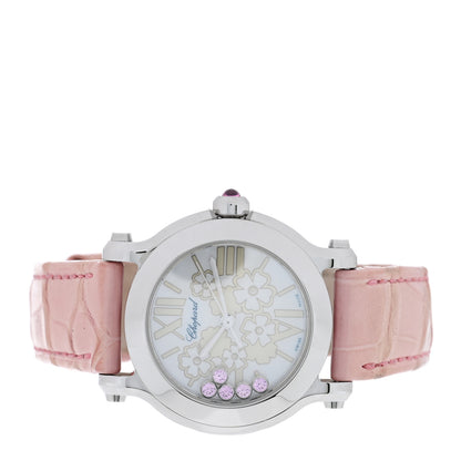 Chopard Stainless Steel Alligator Pink Sapphire Mother of Pearl 30mm Happy Sport Blossom Quartz Watch 2 of 5