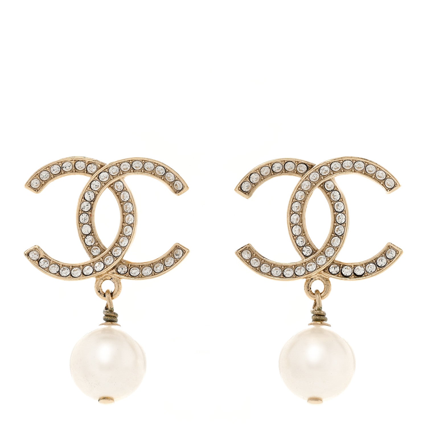 Chanel Crystal Pearl CC Drop Earrings Gold 1 of 5