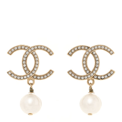 Chanel Crystal Pearl CC Drop Earrings Gold 1 of 5