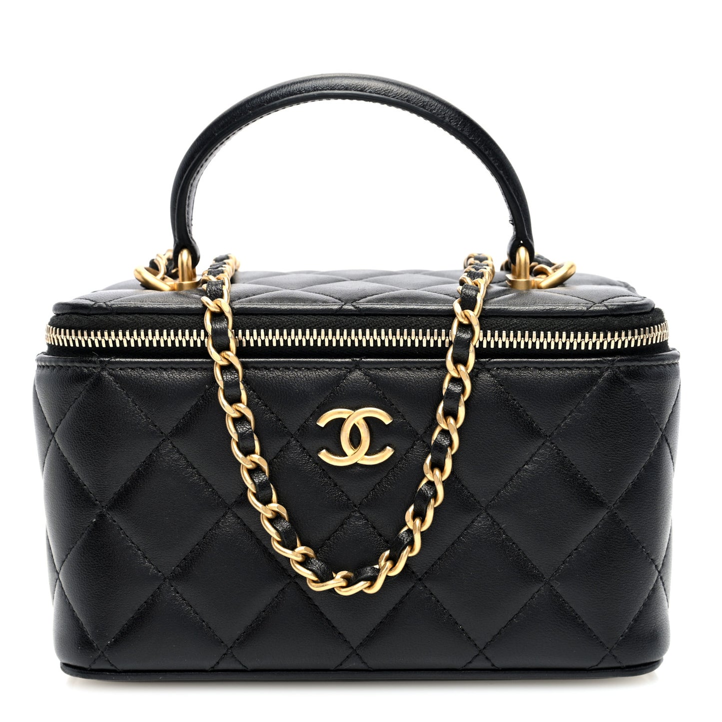 Lambskin Quilted Small Top Handle Vanity Case With Chain Black