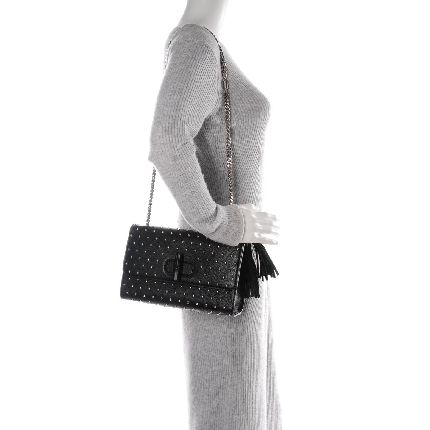 Calfskin Medium Studded Miss Bamboo Shoulder Bag Black