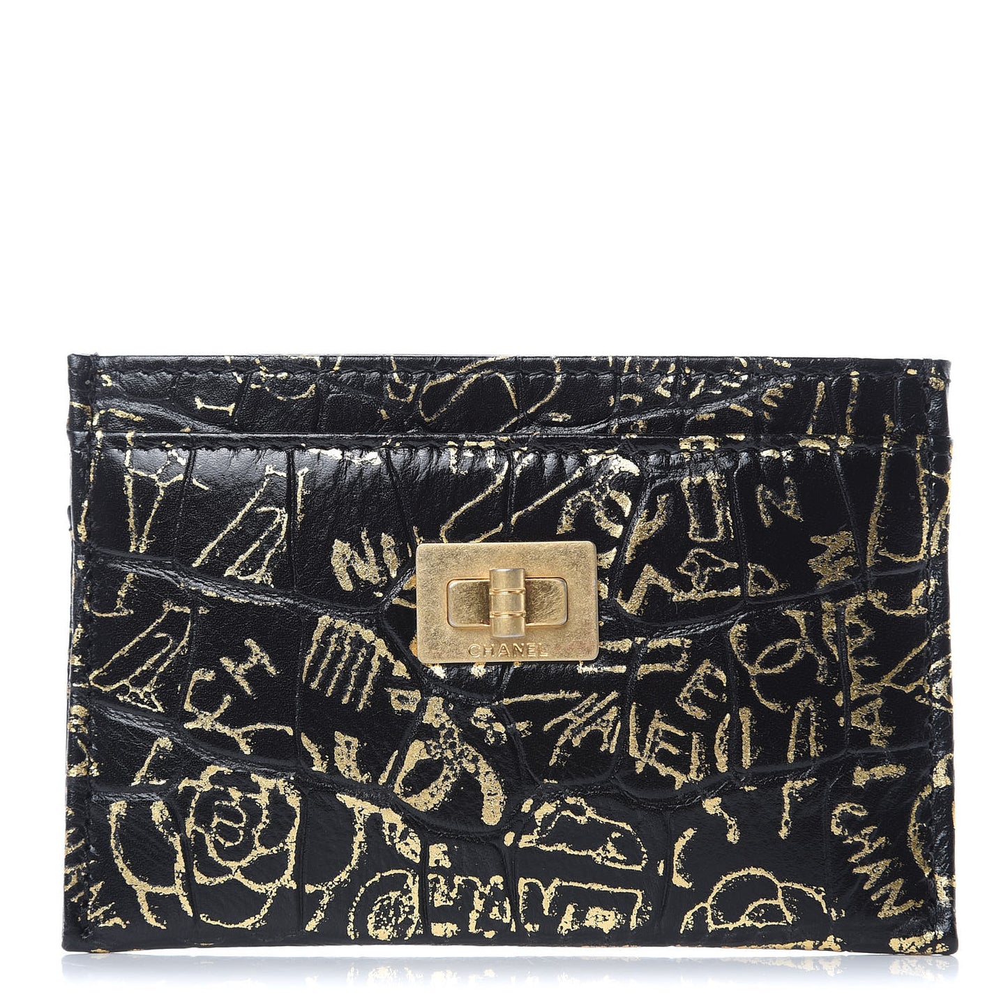 Calfskin Crocodile Embossed Graffiti 2.55 Cocodile Reissue Card Holder Black Gold