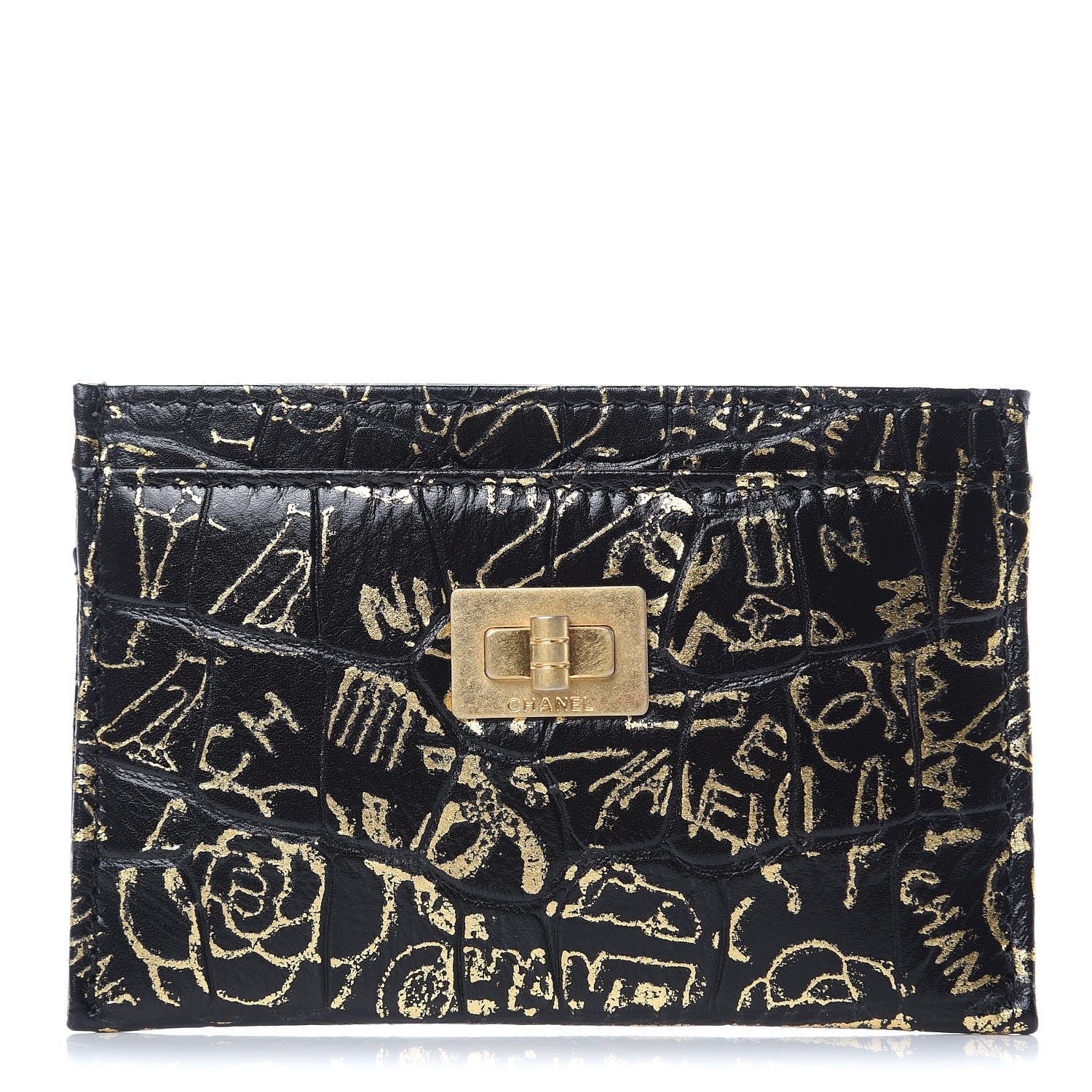 Chanel Calfskin Crocodile Embossed Graffiti 2.55 Cocodile Reissue Card Holder Black Gold 1 of 9