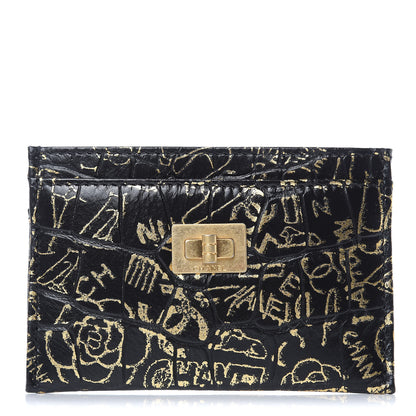 Chanel Calfskin Crocodile Embossed Graffiti 2.55 Cocodile Reissue Card Holder Black Gold 1 of 9