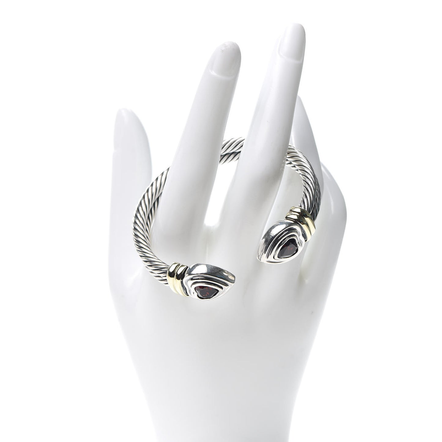 Sterling Silver 14K Yellow Gold Garnet Heart Double Cable Cuff Bracelet