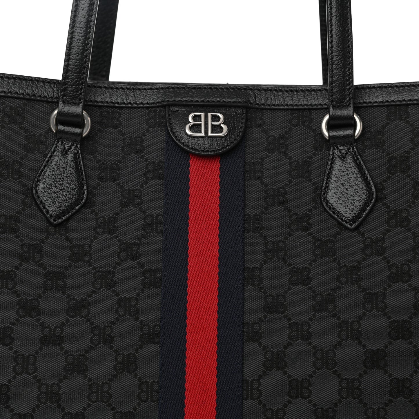 X BALENCIAGA BB Monogram Web Large Ophidia Shopping Tote Black