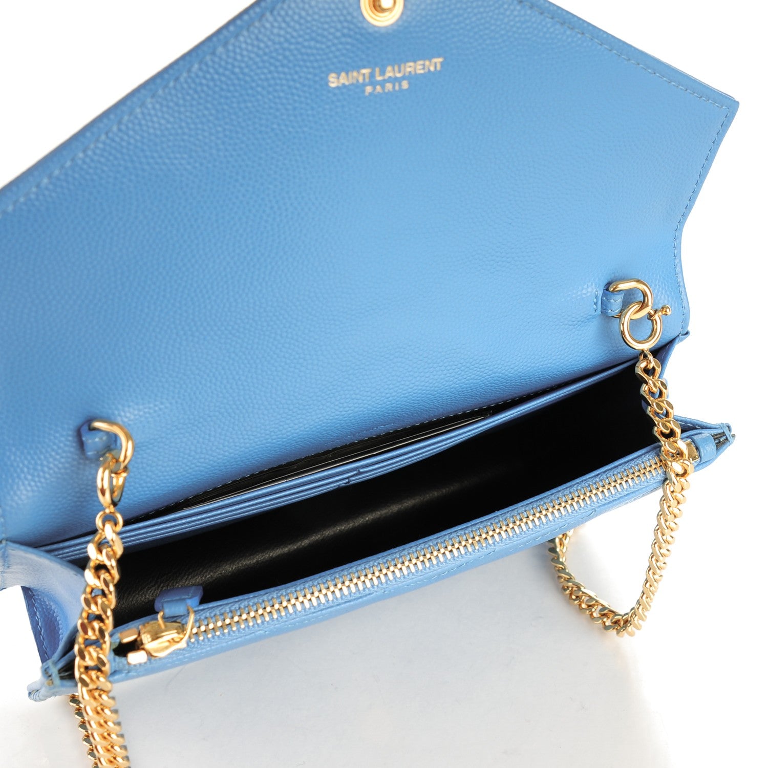 Saint Laurent Grain De Poudre Matelasse Chevron Monogram Envelope Chain Wallet Blue Clair 5 of 7
