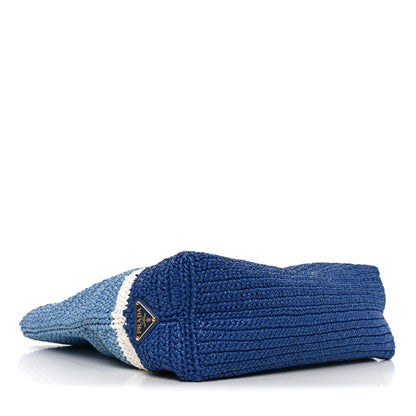 Prada Yarn Raffia Effect Crochet Striped Large Logo Tote Celeste Blue 4 of 9