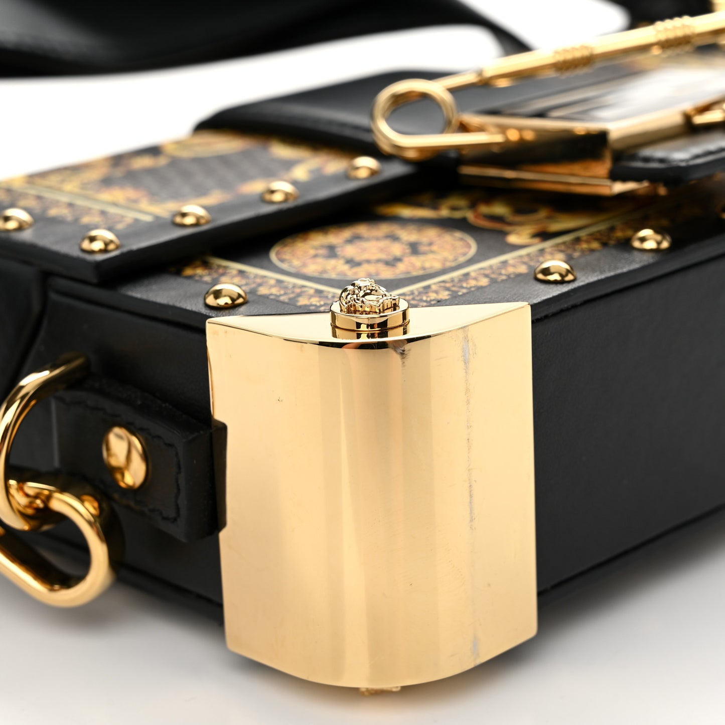 X VERSACE Vitello Cover Fendace Mini FF Baroque Brooch Studded Mini Baguette Trunk Black Gold