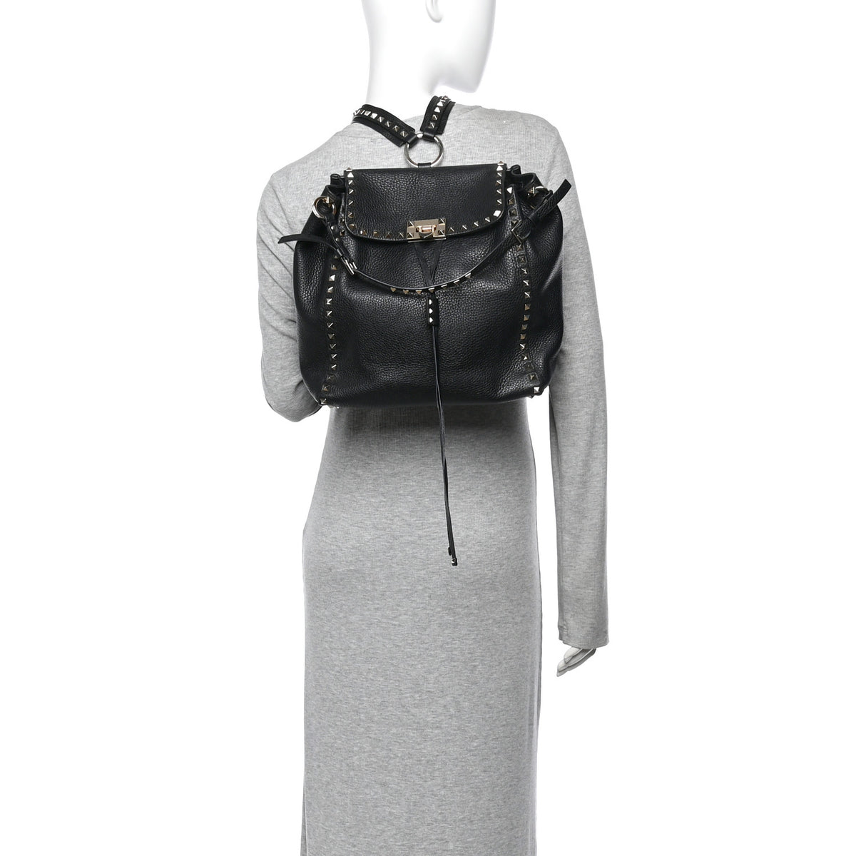 Pebbled Calfskin Rockstud Drawstring Backpack Black