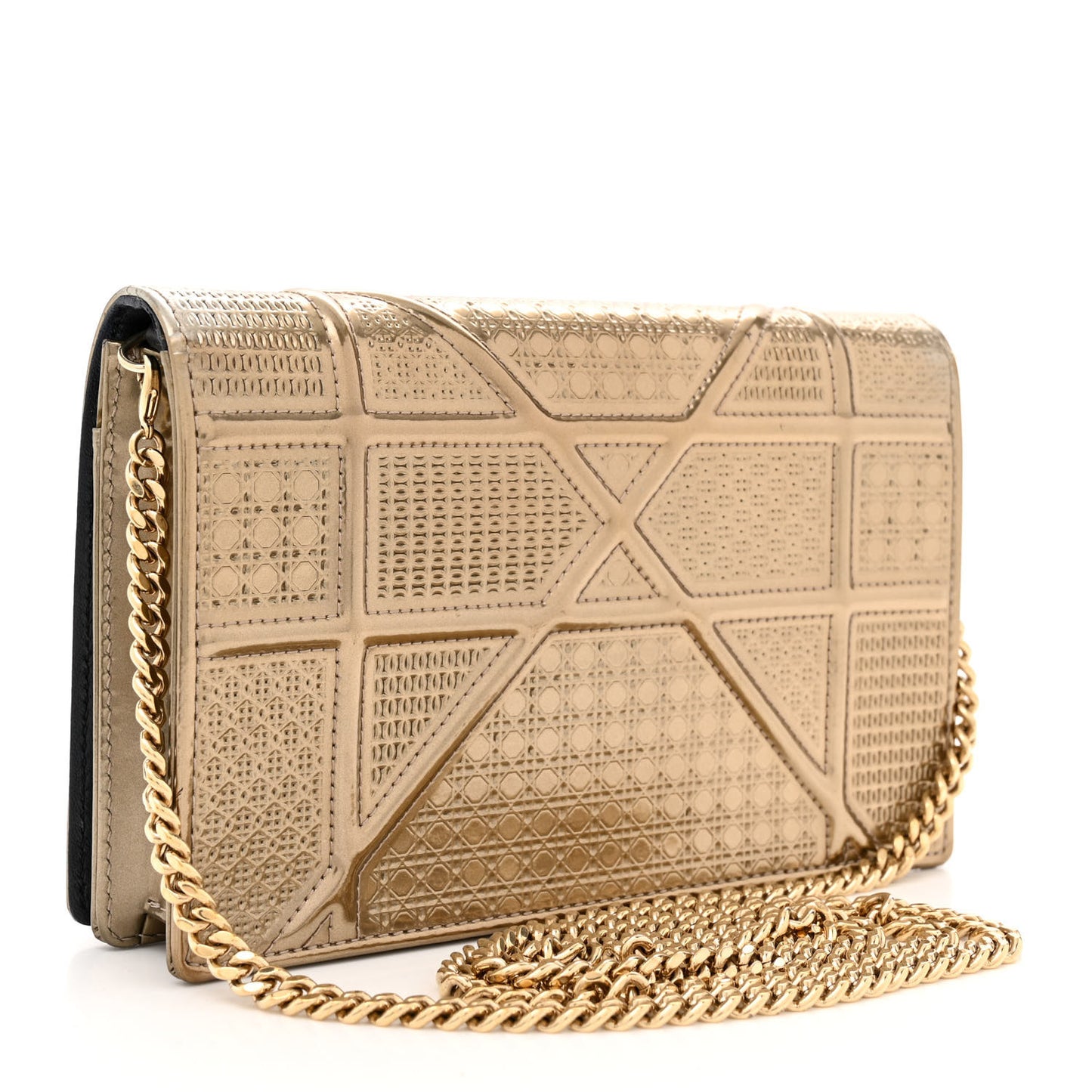 Metallic Patent Micro-Cannage Diorama Wallet on Chain Pouch Gold