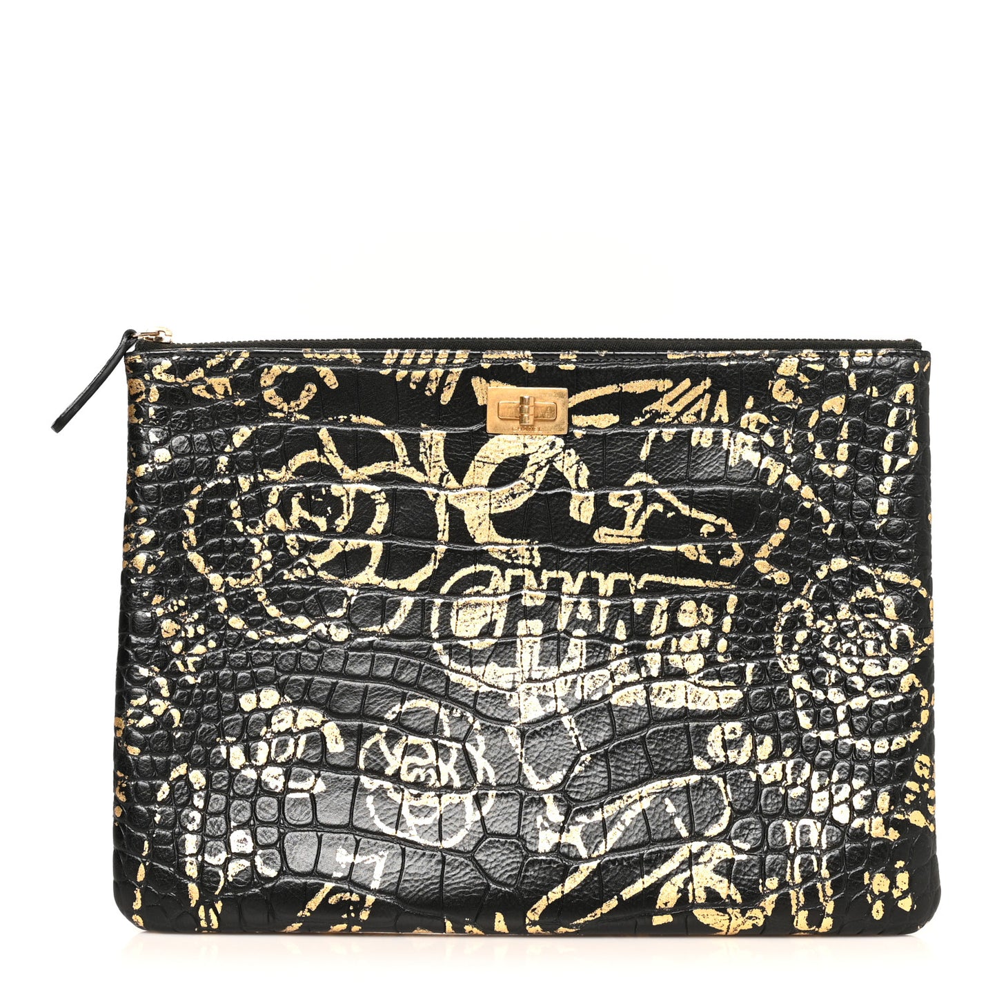 Calfskin Crocodile Embossed Graffiti 2.55 Medium Cocodile Reissue Cosmetic Case Black Gold